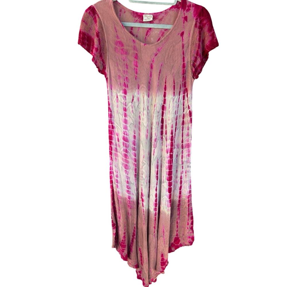 Boho Tie Dye Mini Dress Sheer Cotton Free Size Pink Brown Festival Beach Flowy